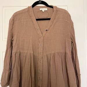 Distressed Tan Button-Up Blouse